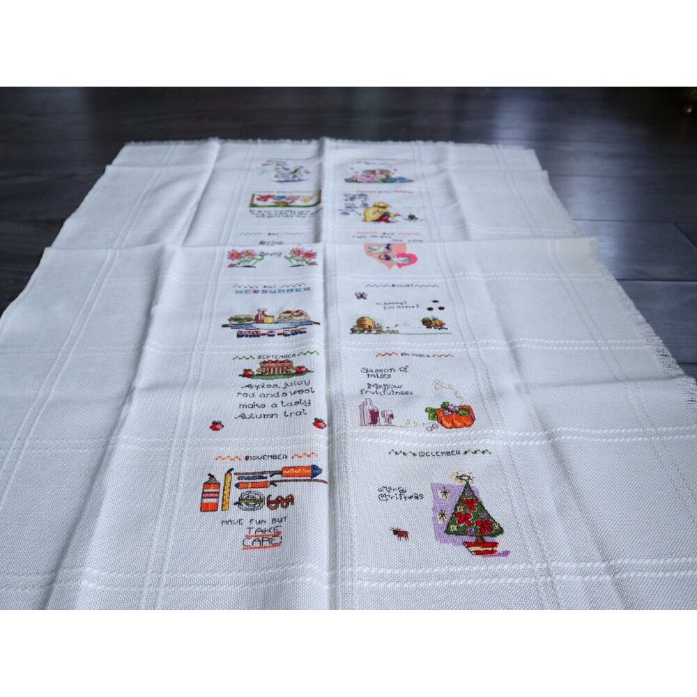 Vintage Cross Stitch Table Topper Months of the Year Hand Made  T2